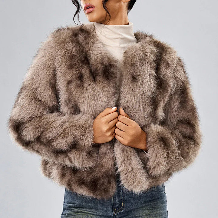 woman wearing stylish brown faux fur jacket with long sleeves and white turtleneck top