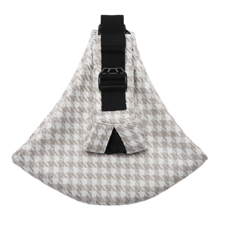 Beige and white herringbone patterned fabric with black adjustable strap and buckle detail