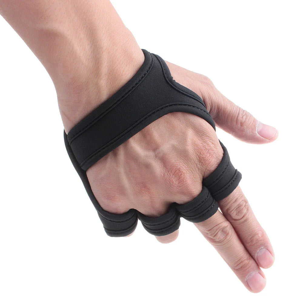 Hand wearing black fingerless compression glove with adjustable straps on white background