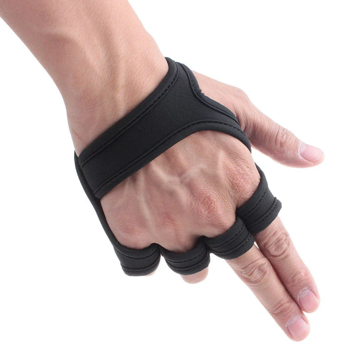 Hand wearing black fingerless compression glove with adjustable straps on white background