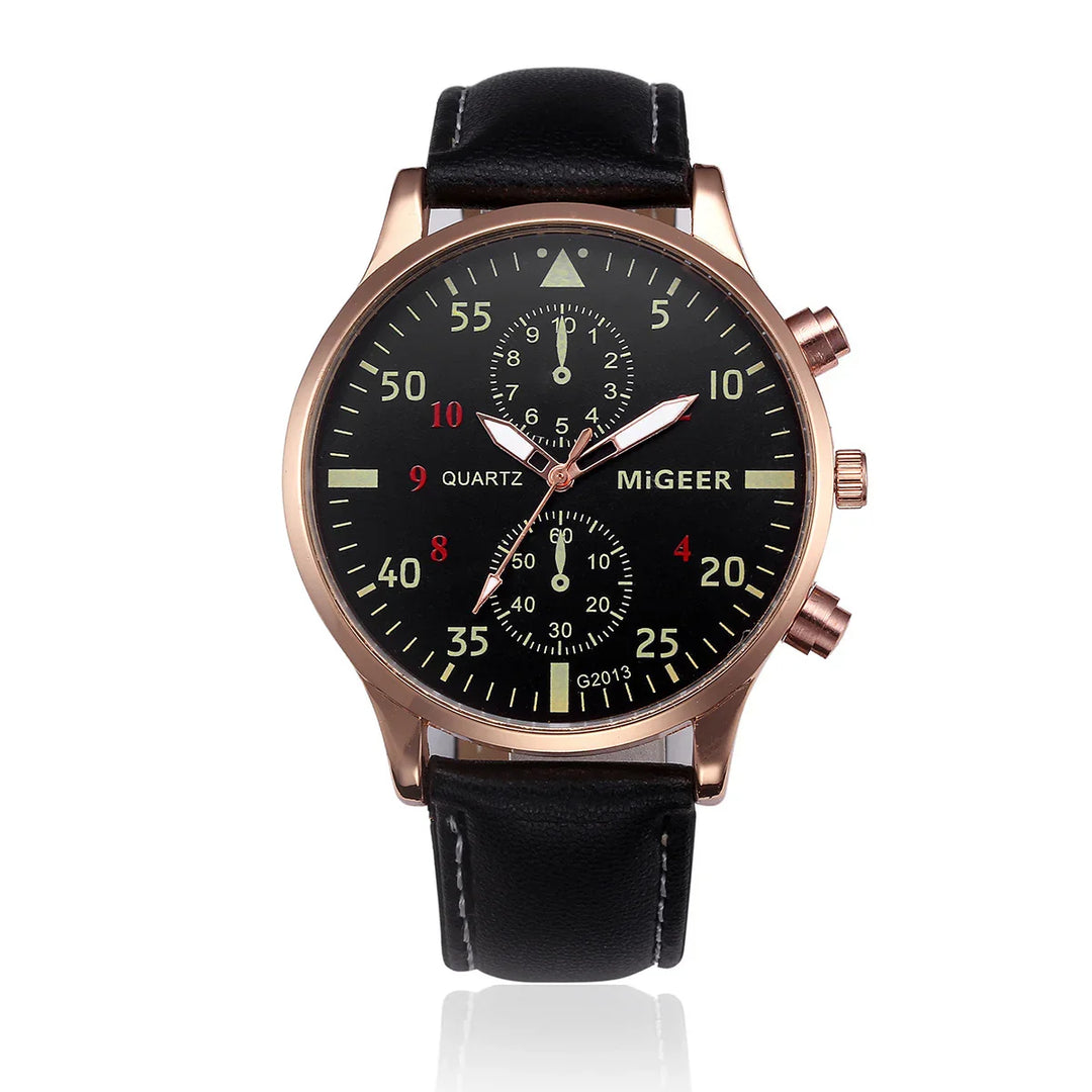 MiGEER quartz wristwatch with black dial, rose gold case, black leather strap, and red accents