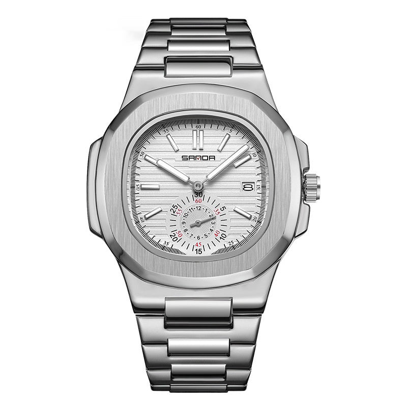 Silver stainless steel analog wristwatch with white textured dial, date window, and subdial