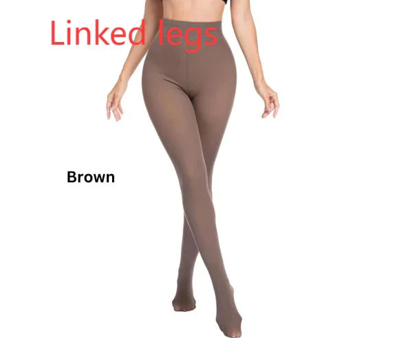 Woman wearing brown linked legs tights against a white background