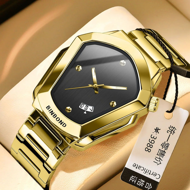 Luxury BINBOND gold wristwatch with black dial and date display on beige cushion
