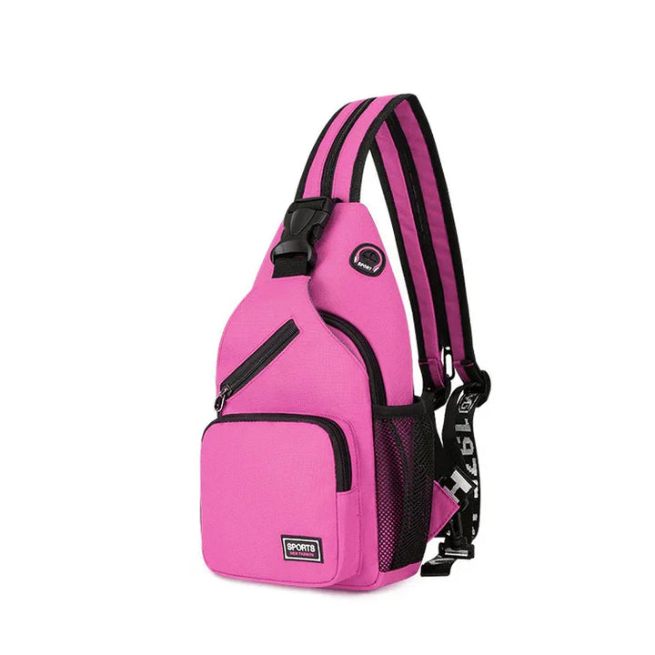 Pink sports sling backpack with black zippers, mesh side pocket, and adjustable striped strap