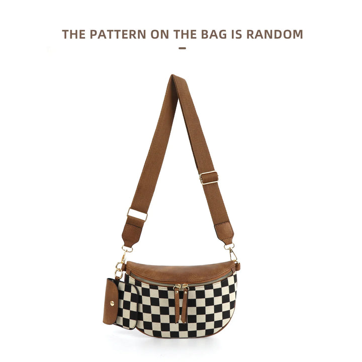 Checkerboard pattern fabric crossbody bag with brown leather trim and adjustable strap
