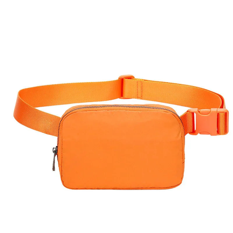 Bright orange nylon waist bag with zipper and adjustable buckle strap