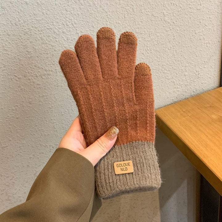 Hand holding warm brown knit gloves with gray cuffs and a small leather label indoors