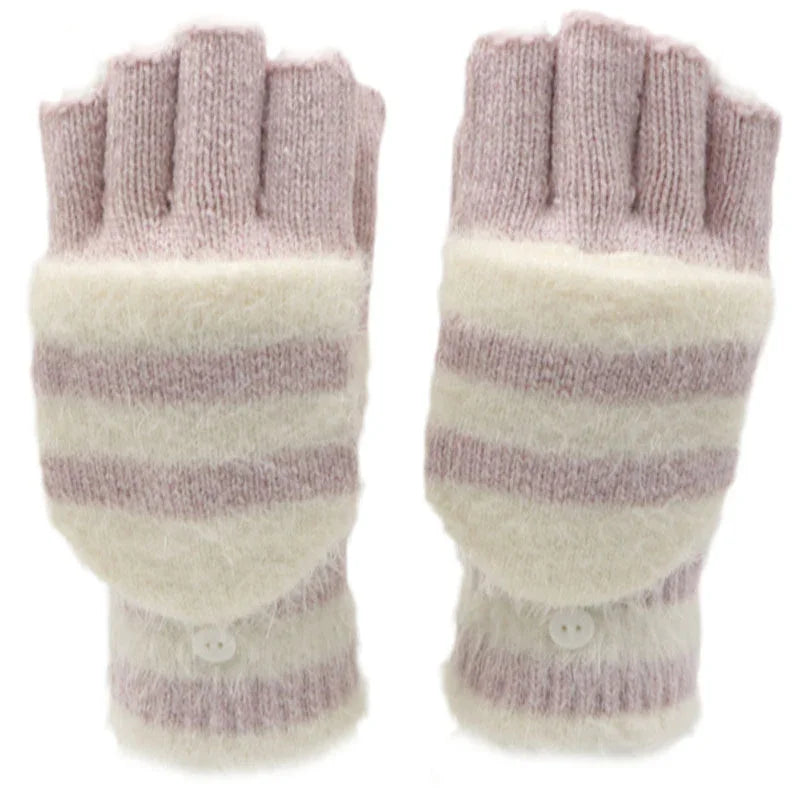 Soft woolen convertible fingerless gloves with striped pattern in beige and light purple