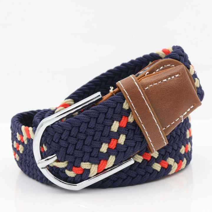 Navy blue woven belt with red and beige accents, silver buckle, and brown leather loop