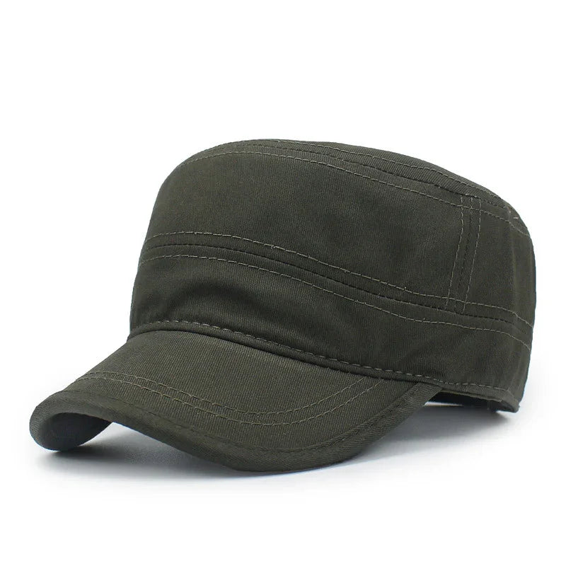 Olive green military style cadet cap hat with curved brim and stitched detailing