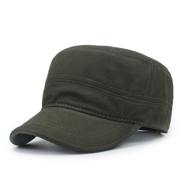 Olive green military style cadet cap hat with curved brim and stitched detailing