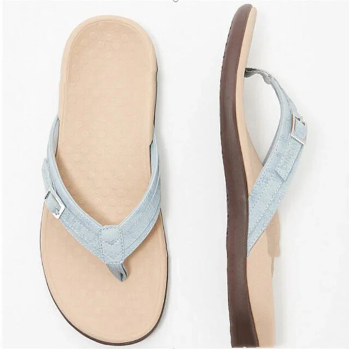 Light blue suede thong sandals with beige cushioned footbed and brown sole, top and side view