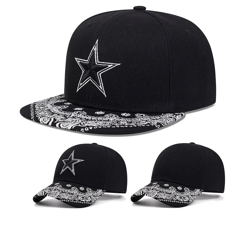 Black snapback hat with white embroidered star and paisley patterned brim in black and white