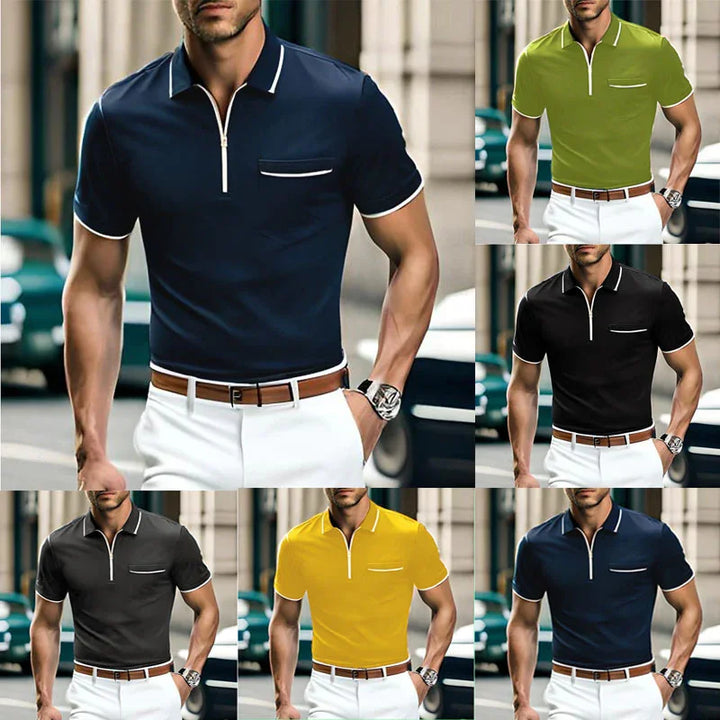 Men's short sleeve zip polo shirts in multiple colors with white trim and chest pocket, styled with white pants