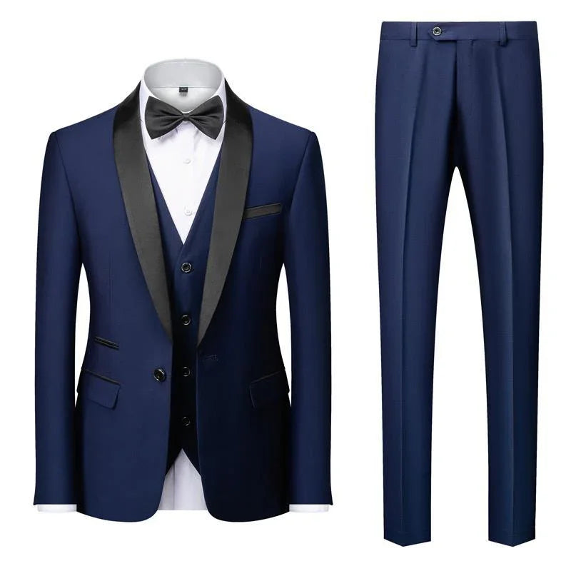 Navy blue tuxedo with black satin lapels, matching pants, white dress shirt, and black bow tie