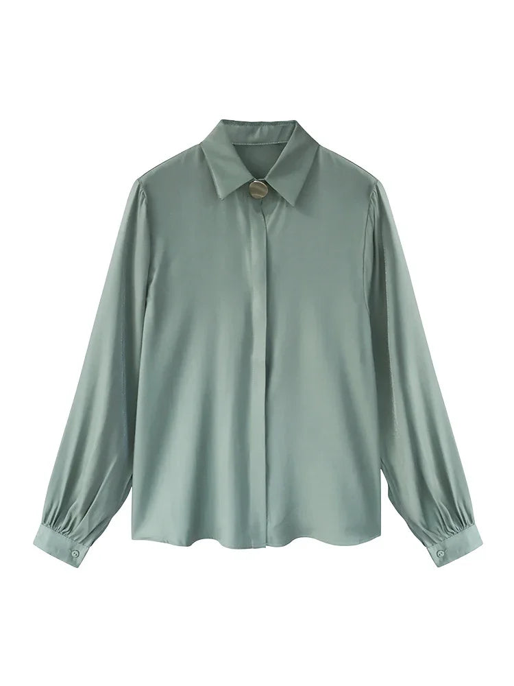 sage green long sleeve blouse with classic collar and buttoned cuffs