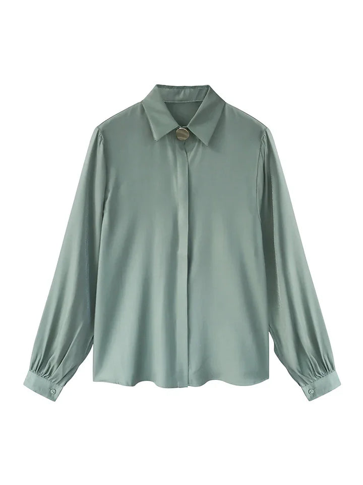 sage green long sleeve blouse with classic collar and buttoned cuffs
