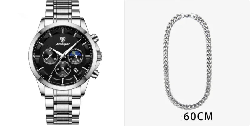 Silver stainless steel men's wristwatch with black dial and three subdials alongside 60cm silver chain necklace