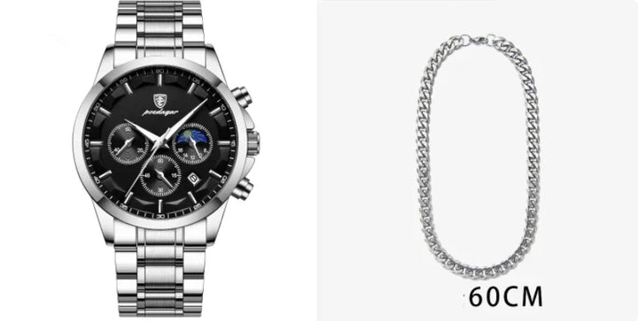 Silver stainless steel men's wristwatch with black dial and three subdials alongside 60cm silver chain necklace