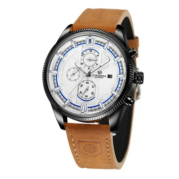 Forsining automatic men's wristwatch with black case, white dial, blue accents, and brown leather strap