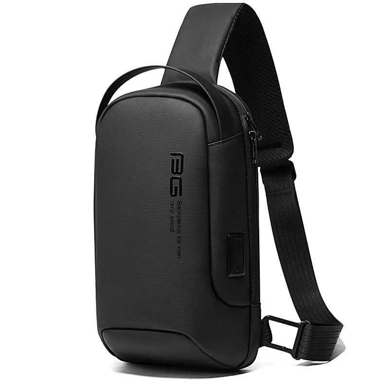 Black BG brand men's sling backpack with adjustable strap and USB charging port