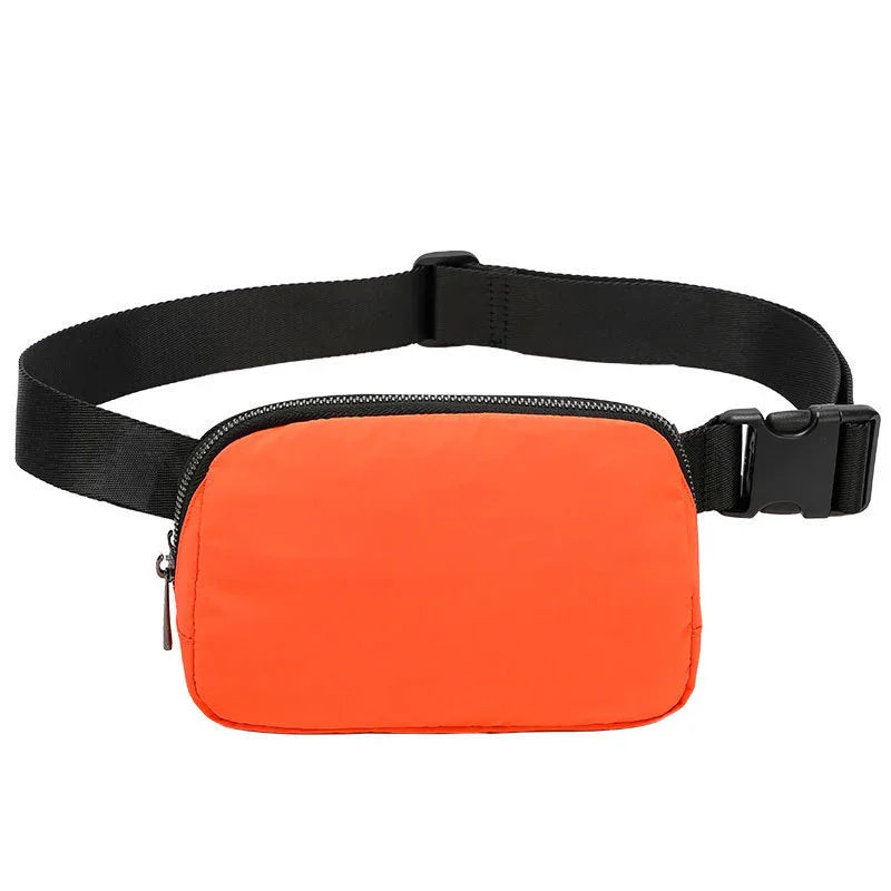 Orange waist bag with black adjustable strap and zipper closure