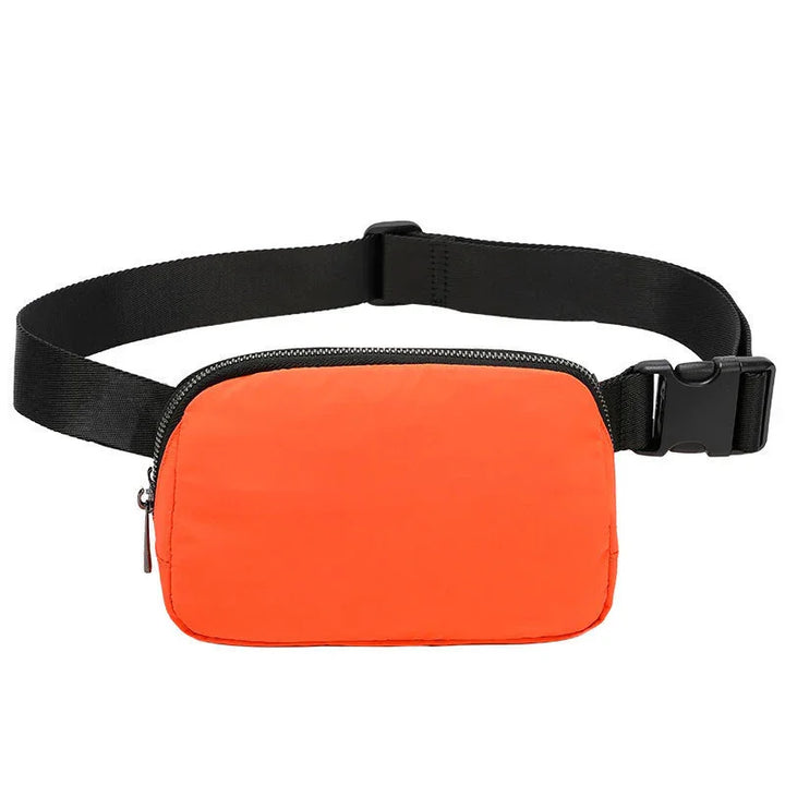 Orange waist bag with black adjustable strap and zipper closure