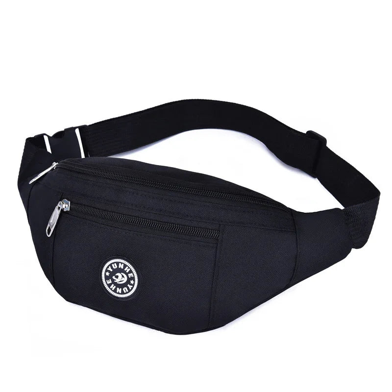 Black adjustable waist bag with dual zippered compartments and round logo patch on front