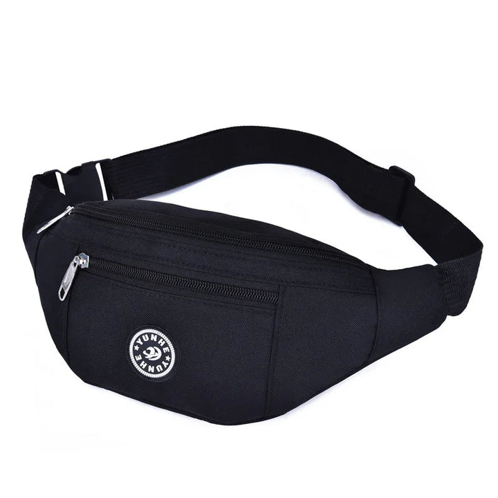 Black adjustable waist bag with dual zippered compartments and round logo patch on front