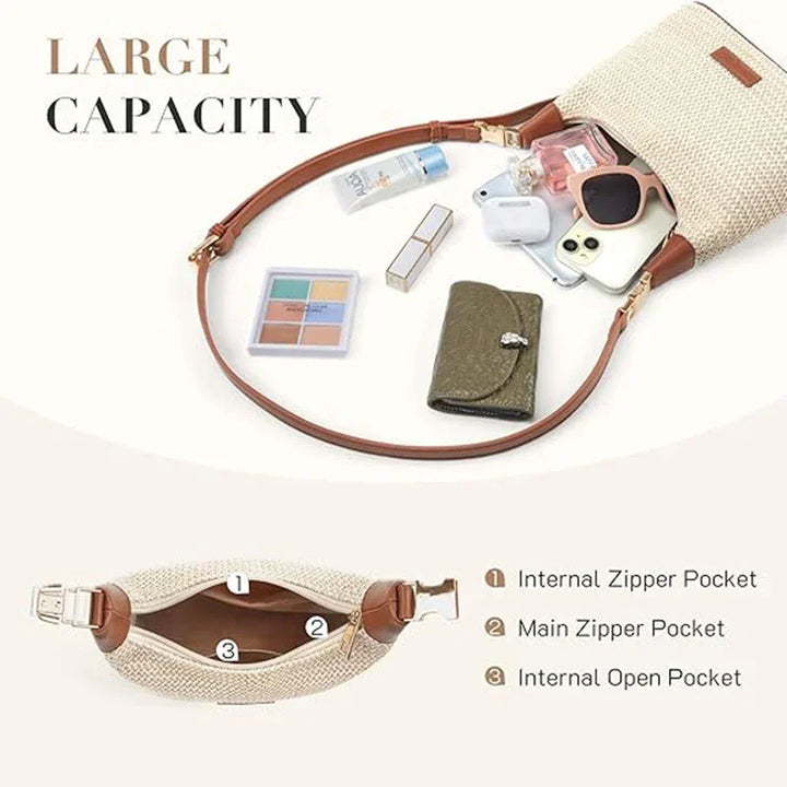 Beige woven crossbody bag with brown leather strap and multiple inner pockets, shown with essentials