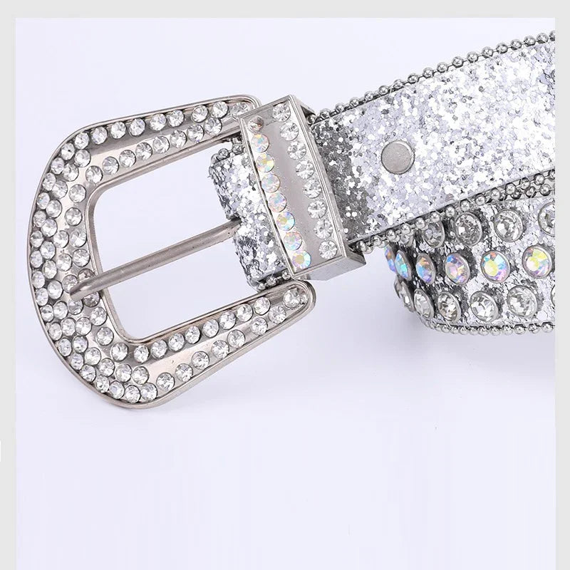Silver glitter belt with rhinestone-studded buckle and decorative shiny gems
