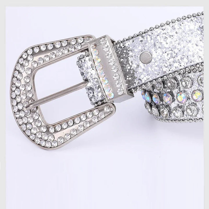 Silver glitter belt with rhinestone-studded buckle and decorative shiny gems