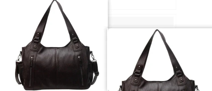 stylish black leather handbag with double handles and side zipper pockets on white background