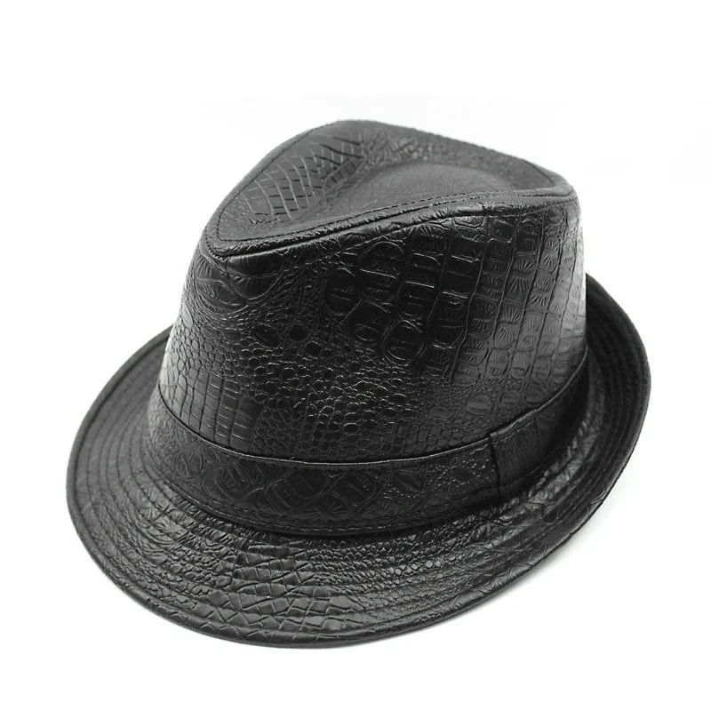 Black faux crocodile leather fedora hat with textured pattern and classic brim