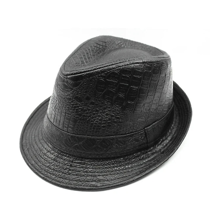 Black faux crocodile leather fedora hat with textured pattern and classic brim