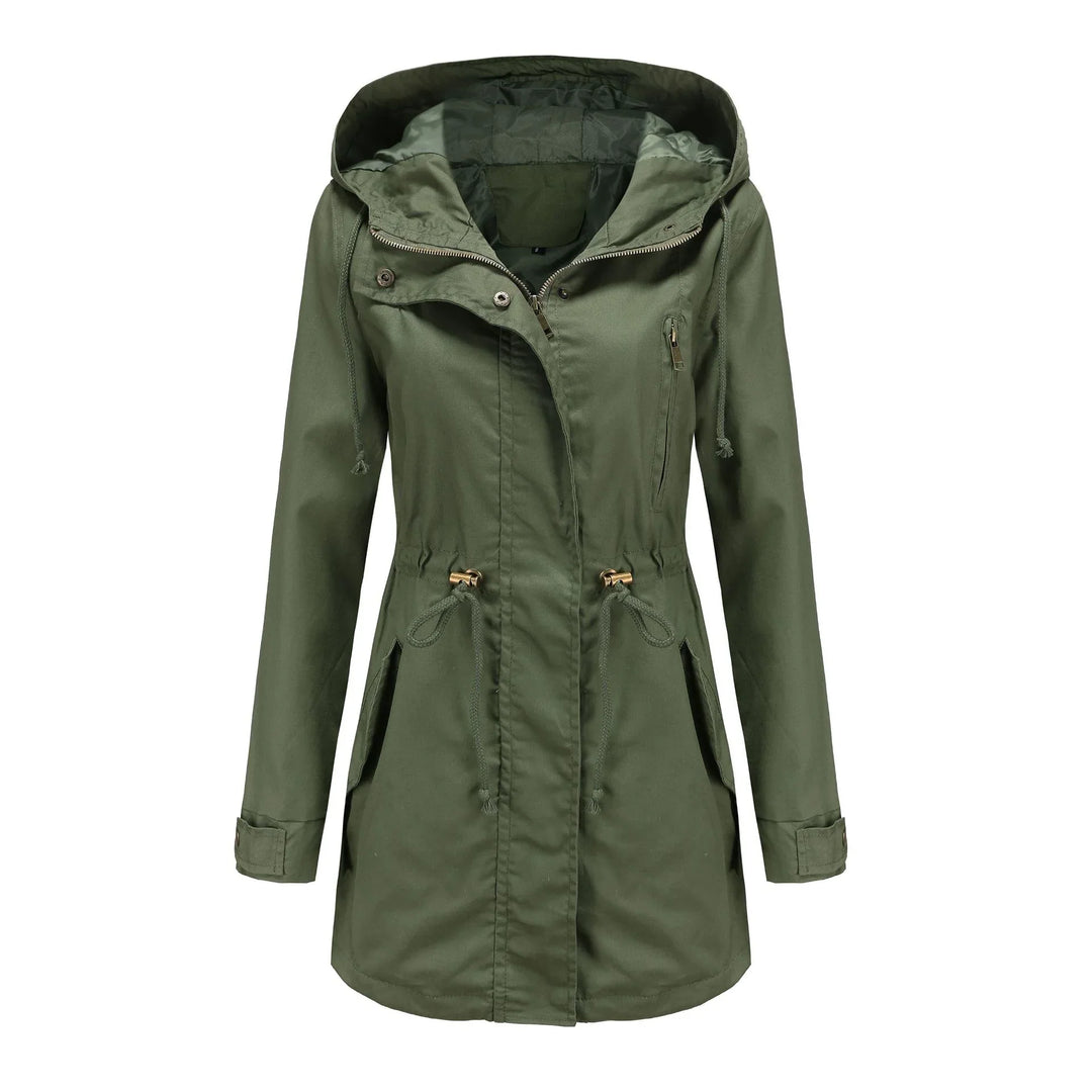 Women's olive green hooded lightweight parka jacket with front zipper and drawstring waist