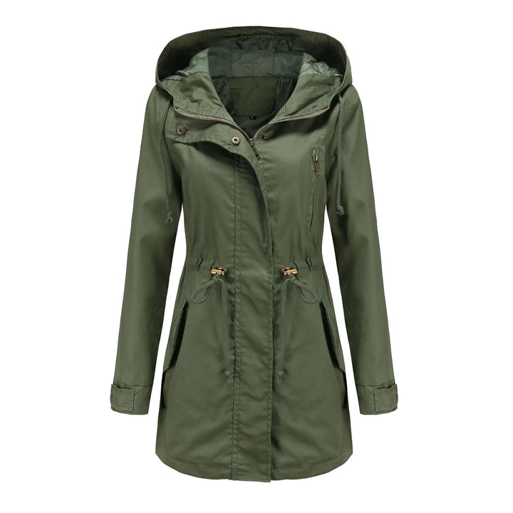 Women's olive green hooded lightweight parka jacket with front zipper and drawstring waist