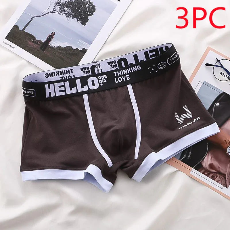 brown men's boxer briefs with white trim and black waistband featuring HELLO THINKING LOVE text, 3PC shown