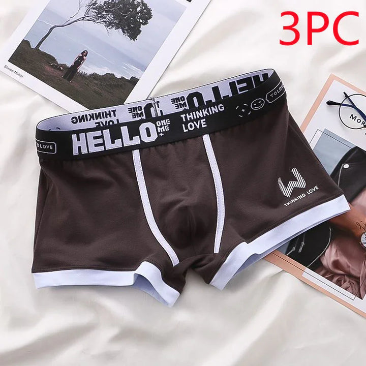 brown men's boxer briefs with white trim and black waistband featuring HELLO THINKING LOVE text, 3PC shown