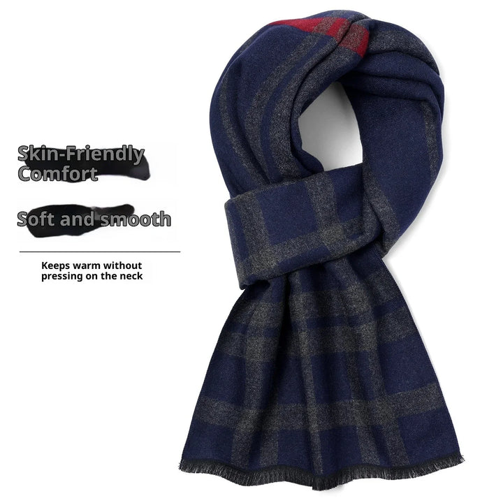 Blue and gray plaid wool scarf with fringed edges highlighting soft, skin-friendly comfort