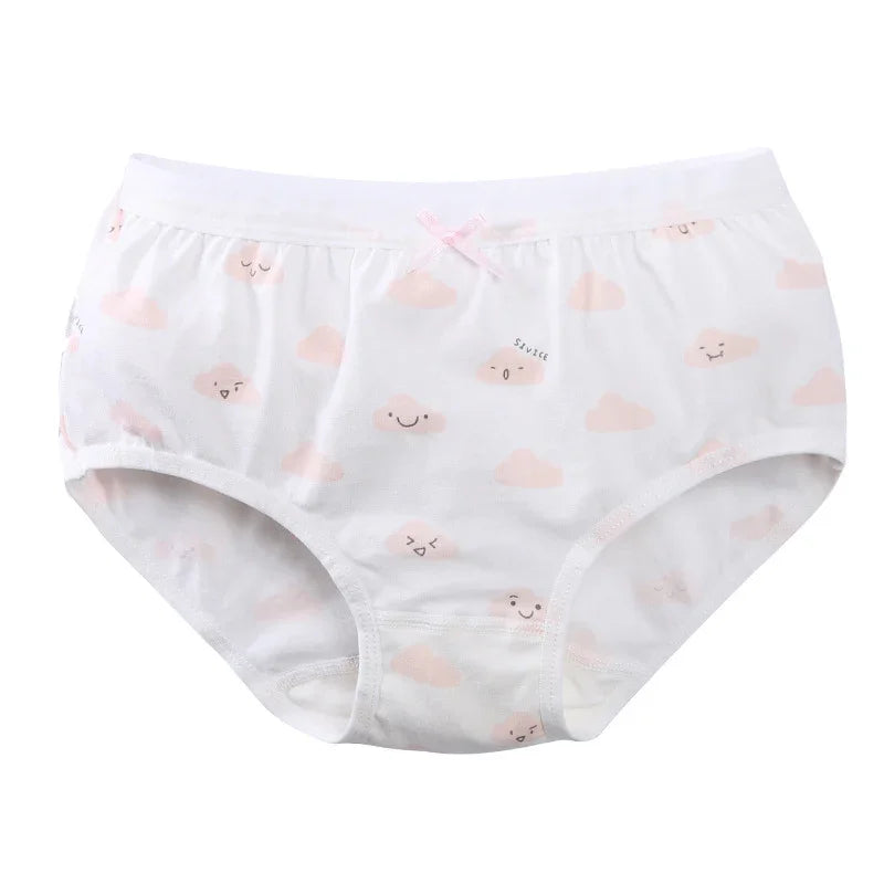 White girls' cotton underwear with pink smiling cloud print and small pink bow detail