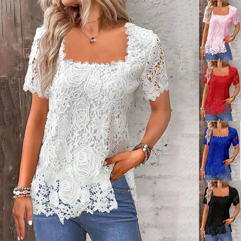 Woman wearing white lace floral short sleeve blouse with square neckline and scalloped hem, paired with jeans