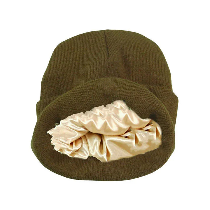Olive green knit beanie hat with soft beige satin lining for warmth and comfort