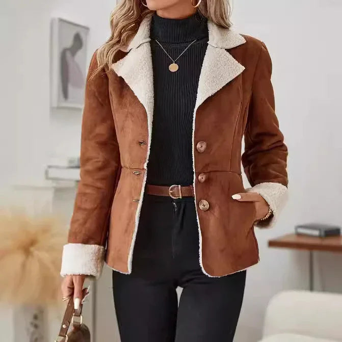 Woman wearing brown suede shearling jacket with white fleece trim over black turtleneck and pants