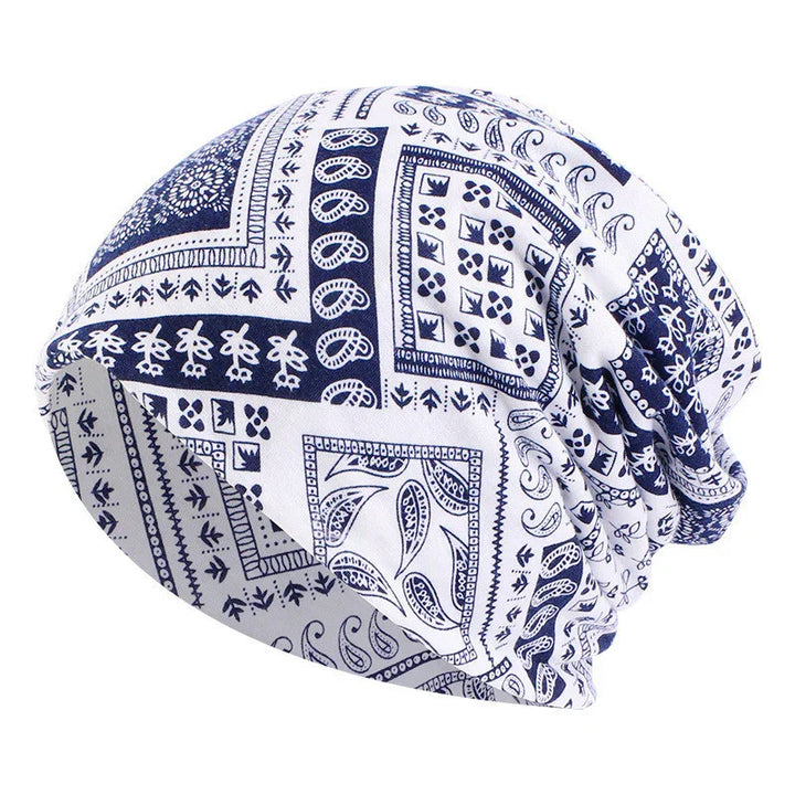 White and navy blue paisley patterned slouchy beanie hat with intricate bandana design