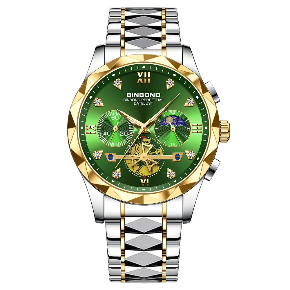 Binbond men's luxury watch with green dial, gold bezel, diamond markers, and silver gold stainless steel band