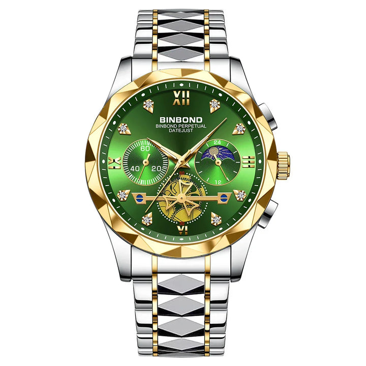 Luxury BINBOND men's wristwatch with green dial, gold bezel, and silver metal bracelet