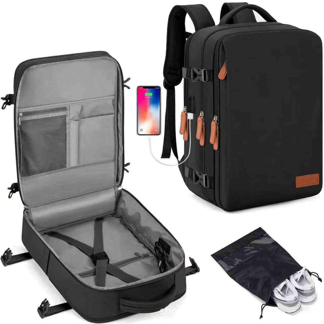 black travel backpack with USB charging port, open suitcase compartment, and shoe bag for organized packing
