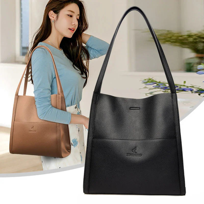 Women's leather shoulder bag in black and brown, stylish tote purse for everyday use